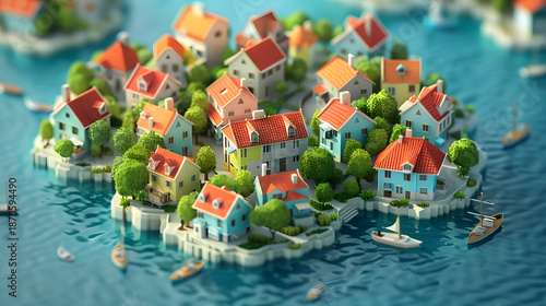 3d Isometric Low Poly clay style city island