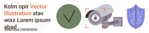 Security systems, surveillance, data protection, privacy, authentication, visual illustration. Includes a checkmark, surveillance camera and shield. Security systems and data protection concept