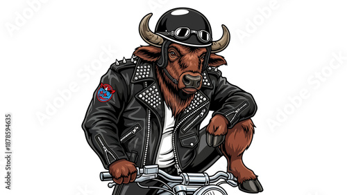 Biker bull wearing leather jacket and helmet riding motorcycle.
