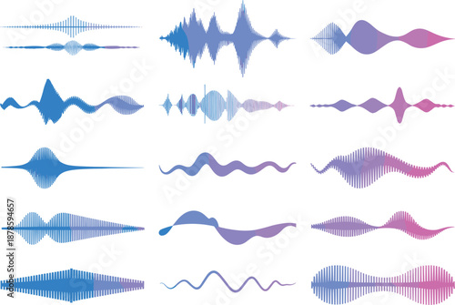 Abstract audio waveform collection, sound waves visualization, digital music signal shapes, modern gradient design elements isolated white background vector illustration
