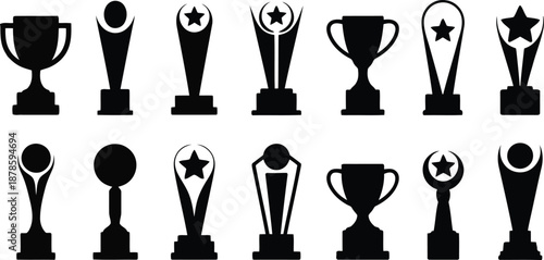 Twelve distinct black trophy silhouettes in two rows presented on a clean white surface