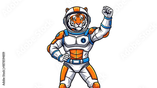 Tiger Astronaut Posing With Fist Raised In Space Suit.