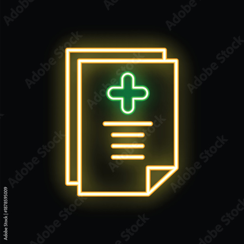 Glowing neon sign showcasing medical history documents with a prominent green cross symbol