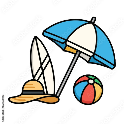 Beach essentials: Surfboard umbrella hat and beach ball ready for summer fun.