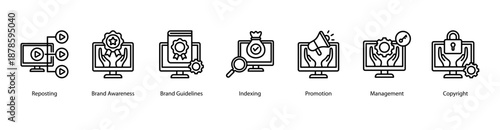 Brand and Index Strategy web banner vector illustration featuring Reposting, Brand Awareness, Brand Guidelines, Indexing, Promotion, Management, and Copyright.