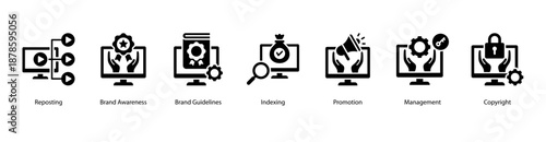 Brand and Index Strategy web banner vector illustration featuring Reposting, Brand Awareness, Brand Guidelines, Indexing, Promotion, Management, and Copyright.