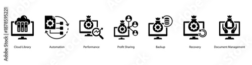 Cloud Efficiency web banner vector illustration featuring Cloud Library, Automation, Performance, Profit Sharing, Backup, Recovery, and Document Management.