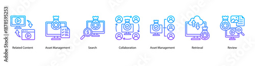 Structured Retrieval Tools web banner vector illustration featuring Related Content, Asset Management, Search, Collaboration, Asset Management, Retrieval, and Review.