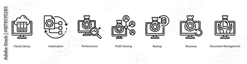 Cloud Efficiency web banner vector illustration featuring Cloud Library, Automation, Performance, Profit Sharing, Backup, Recovery, and Document Management.