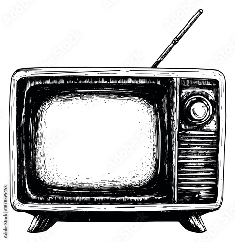 Hand drawn line art illustration of a vintage television depicting its classic design for media concepts