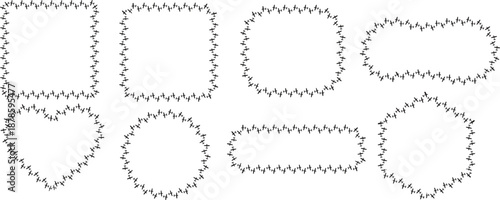 Scalloped outline shape frames vector set. Decorative dashed borders with rounded geometry. Ideal for labels, stickers, badges, and creative layout design.