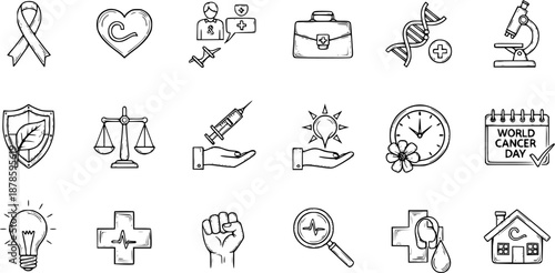 Black and White Line Art Medical Icons: Heart, Ribbon, DNA, Microscope, Calendar