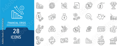 Financial Crisis icon set .Financial Crisis research outine icons set with editable stroke.Containing market crash,  economy,  loss, financial risk, investment, and more.  thin linear illustration