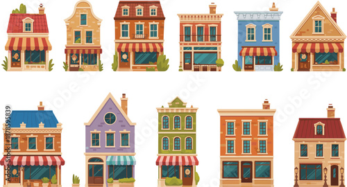 Colorful cartoon houses illustration set featuring small town buildings residential facades and shopfronts in flat vector style design