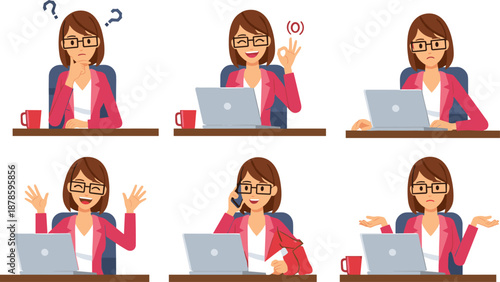 Business woman emotions illustration showing professional office worker using laptop, thinking, communicating, confused and happy expressions for workplace, customer support,