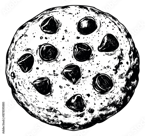 Hand drawn line art illustration of a chocolate chip cookie depicting a delicious sweet treat for bakery and food concepts