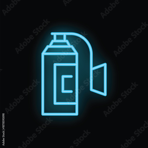 Neon blue spray can glowing on a black background, perfect for design projects related to graffiti, art, or street culture