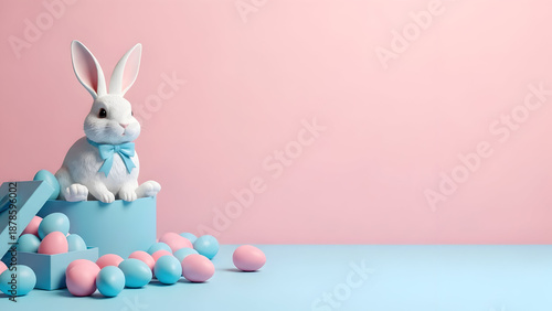 Easter bunny sitting on blue cake with colorful eggs