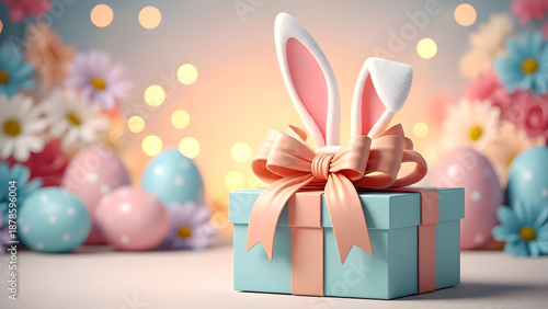 Easter gift box with bunny ears and colorful eggs
