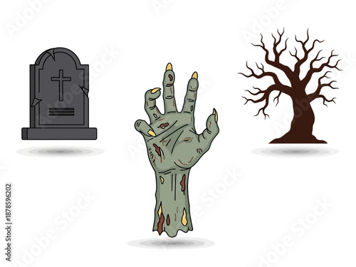 Cartoon tombstone zombie hand and bare tree icons on white background