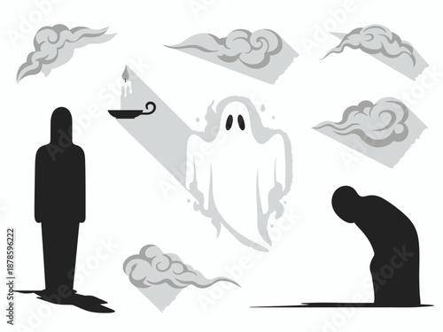 Collection of black silhouettes a white ghost and gray clouds with shadows