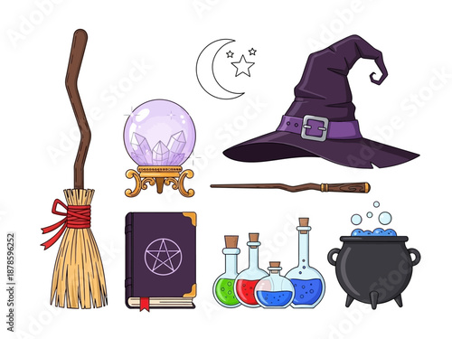 Collection of cartoon witch tools broom crystal ball hat wand book potions and cauldron