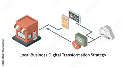 Isometric illustration depicting a local business digital transformation strategy, showcasing cloud integration and mobile accessibility for enhanced customer engagement.