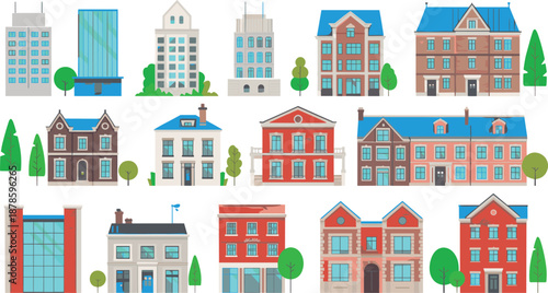 European residential building facade collection featuring modern and classic townhouses, apartments, city architecture exteriors, detailed flat vector illustration set