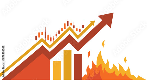 Dynamic illustration depicting a fiery financial market surge with an upward-trending arrow and candlestick charts, symbolizing rapid growth and volatility.
