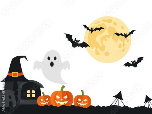 Halloween scene with a witchs hat house ghost pumpkins bats and a full moon