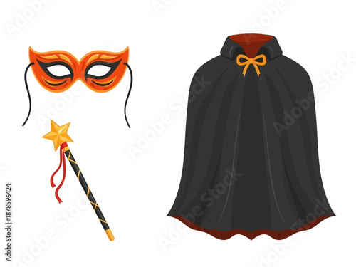 Illustration of a masquerade mask magic wand and black cape on white