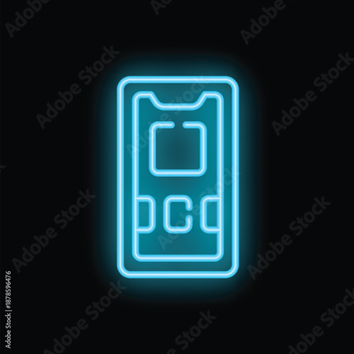 Blue neon sign depicting a smartphone glowing on a black background