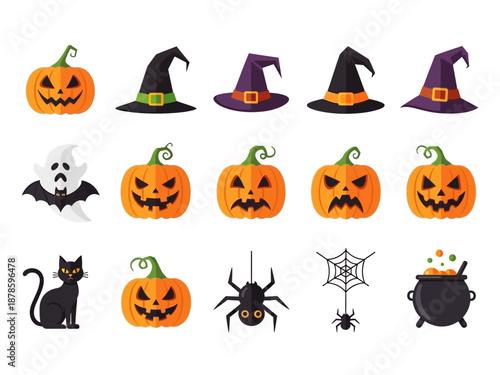 Row of Halloween icons pumpkins hats ghost cat spider web cauldron
