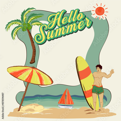 Tropical summer beach vector illustration featuring a sunny paradise landscape with palm trees, a sand shore, blue ocean waves, an umbrella, and a boat under a bright sky with a surfer on frame