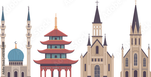 Global religious architecture illustration featuring mosque pagoda and churches representing Islam Buddhism and Christianity in flat vector design style skyline