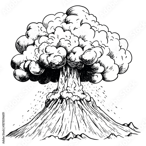 Hand drawn illustration of a volcano depicting a powerful eruption for natural disaster concepts