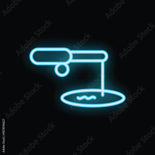 Blue neon icon of a fishing rod casting a line into a body of water, glowing brightly against a dark background