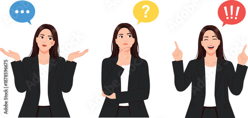 Business woman thinking illustration showing confusion, ideas and solutions, problem solving process, decision making, communication symbols for professional strategy, creativity,