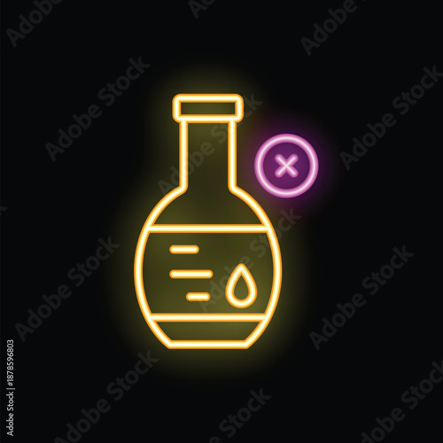Glowing neon sign showing an erlenmeyer flask containing liquid, with a cross mark, on a black background