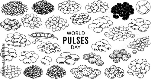 World Pulses Day black and white line art illustration of various beans, lentils, and legumes