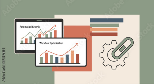 Digital illustration showcasing business growth and workflow optimization with graphs on tablets, alongside a gear and chain icon.