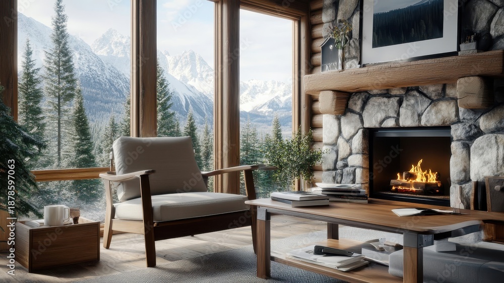 Fototapeta premium A cozy cabin interior with a warm fireplace and a well-organized workspace, inviting both relaxation and productivity.