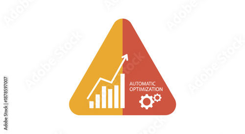 An abstract triangular icon representing automatic optimization with a rising bar graph and gears, symbolizing growth and efficiency in business processes.