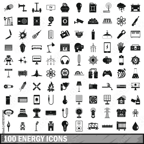100 Energy Icons: A collection of energy-related icons, each meticulously crafted to represent diverse facets of power, sustainability, and technological advancement.