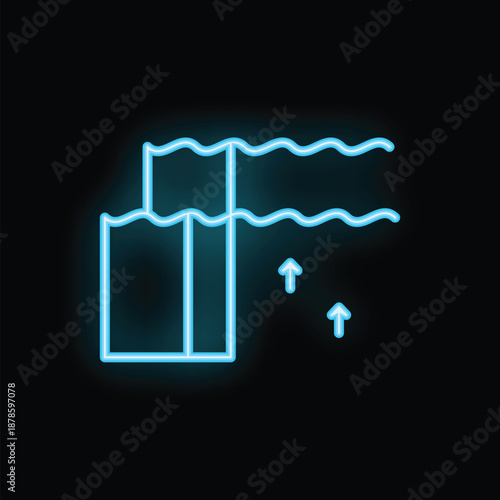 Neon blue icon of water evaporating from tank with rising arrows on black background