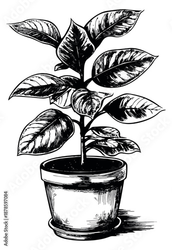 Hand drawn line art illustration of a potted plant depicting an ornamental houseplant for interior decoration