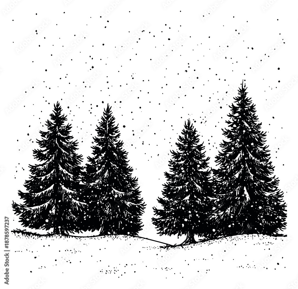 Obraz premium Hand drawn line art evergreen tree set featuring snowy firs and falling snow for winter holiday designs