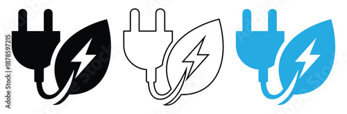 Eco friendly energy plug icons with leaf and lightning