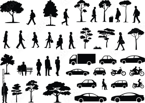 Urban life silhouette icon set featuring people walking, cars, motorcycles, trees, transportation elements, city lifestyle symbols, flat vector illustration design