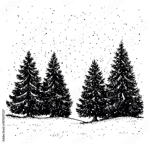 Hand drawn line art evergreen tree set featuring snowy firs and falling snow for winter holiday designs